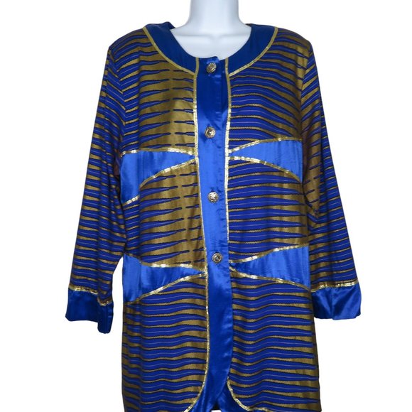 Vintage 70s Mod Coat Jacket L Blue Gold Mid Length Buttons Shoulder Pads Boho - Picture 2 of 15